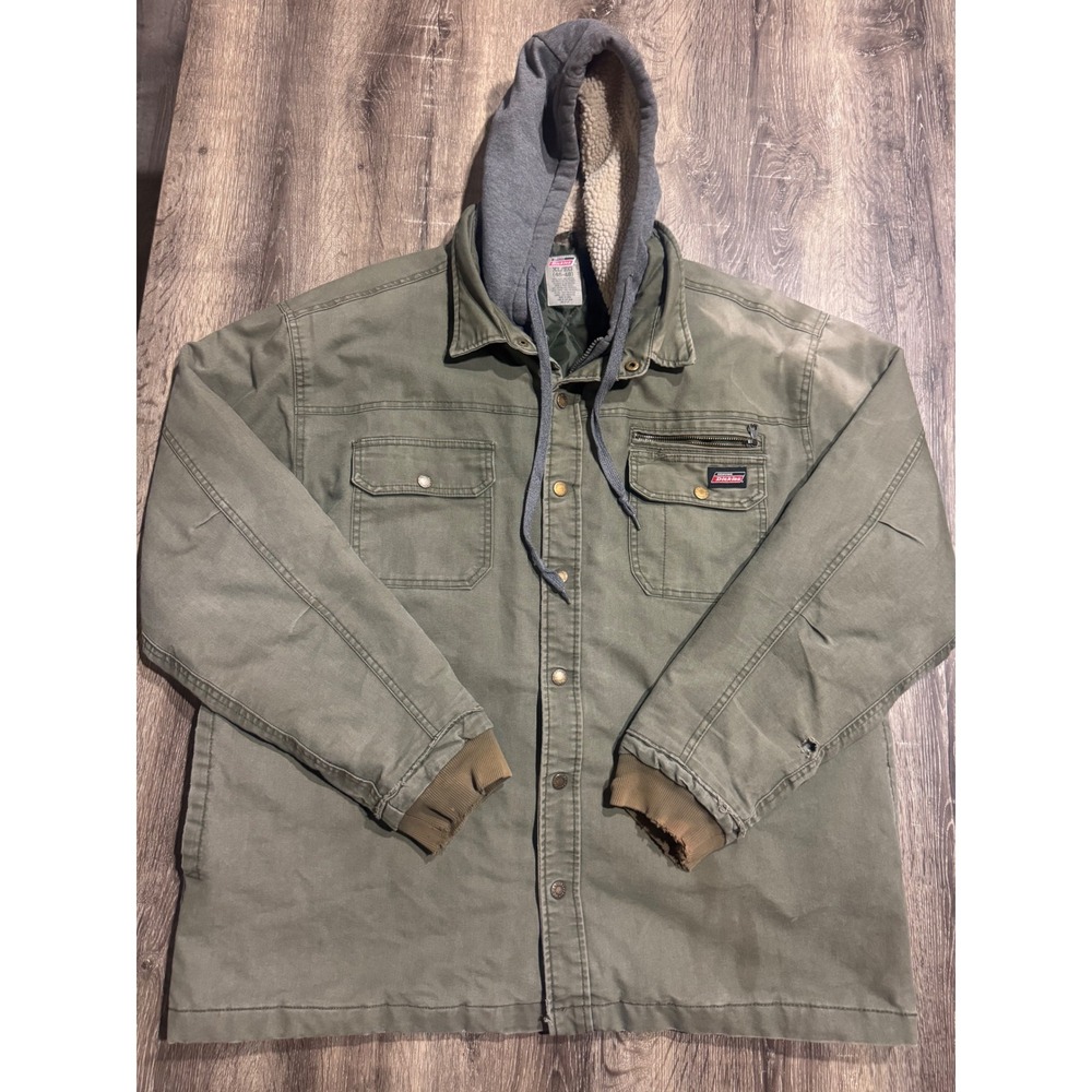 Dickies Mens XL Olive Green Canvas Hooded Work Jacket Quilted Sherpa Lined
